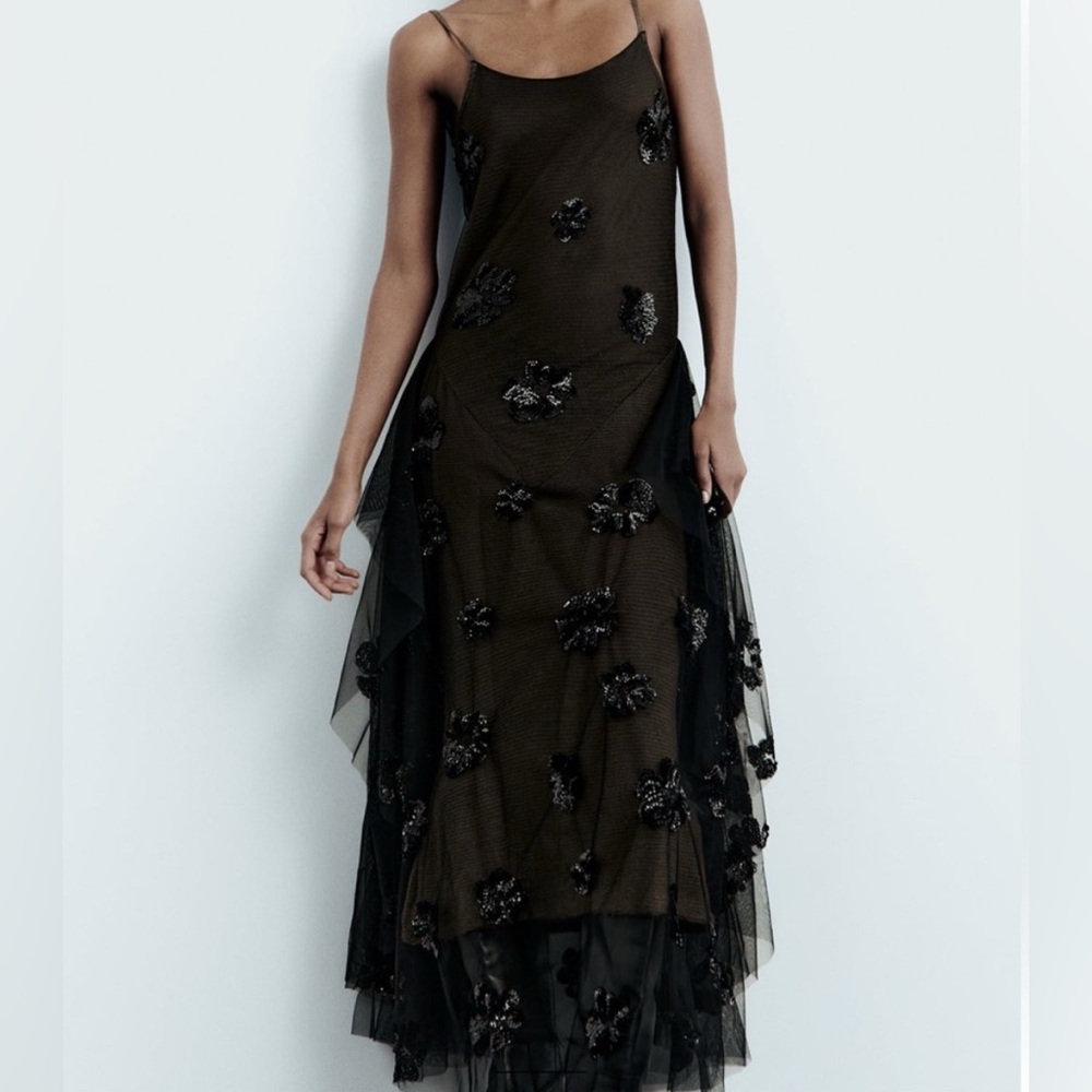 ZARA Black Brown sequin tulle knit Long Midi dress size